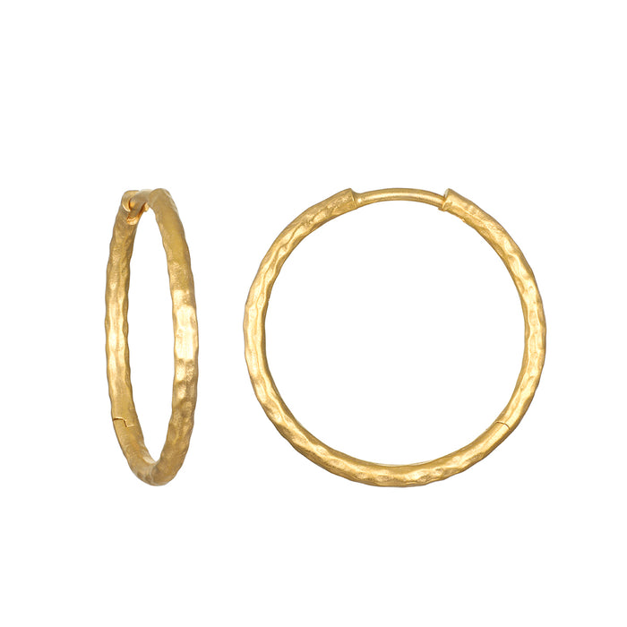 Pair of gold hoop earrings with hammered textured surface, shown from front and side angles.