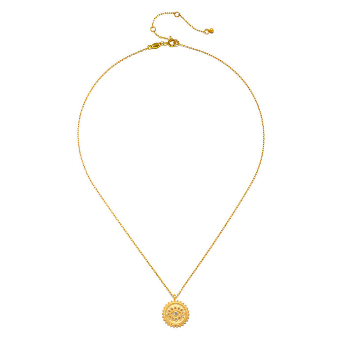 True Visionary White Topaz Evil Eye Coin Necklace featuring an 18kt gold plate pendant with an evil eye symbol, designed as spiritual jewelry for protection, manifestation, and meditation, perfect for yoga enthusiasts and those interested in meaningful talismans.