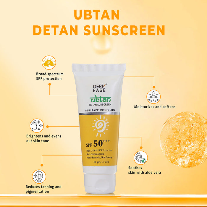 Derm Ease Ubtan Detan Sunscreen tube with features on a yellow background