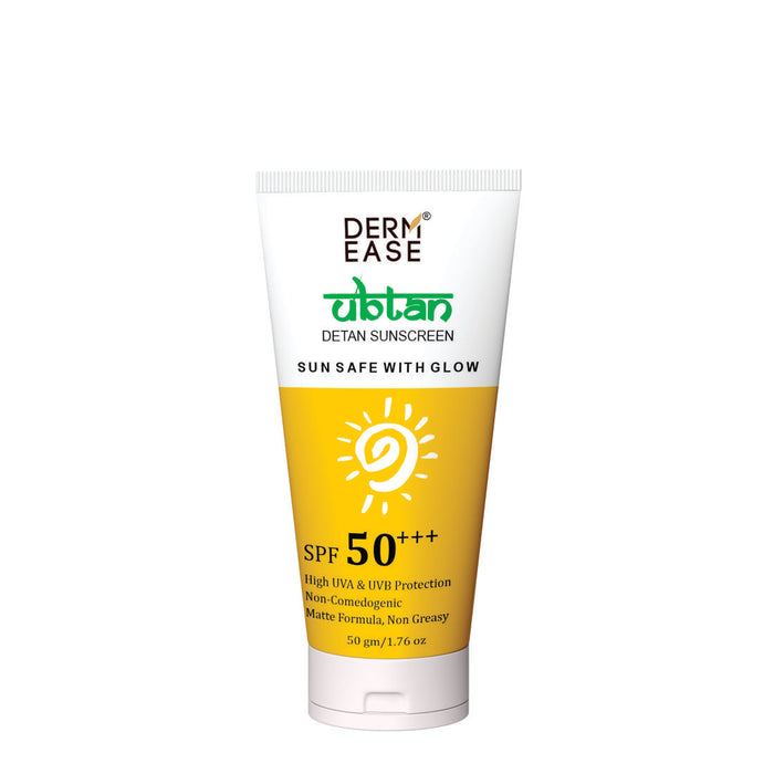 A tube of Dermease Ubtan Detan Sunscreen with SPF 50+ protection, featuring a yellow and white color scheme with sun imagery and text detailing the product's benefits.