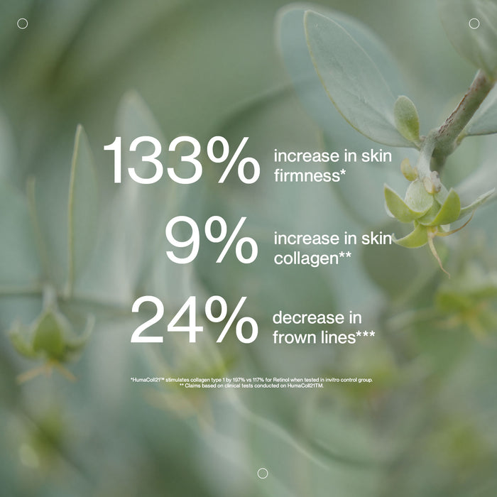 Text overlay on a blurred green leafy background with skincare benefits.