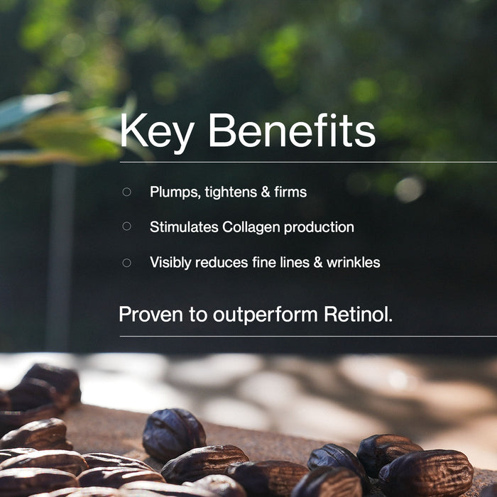 Key benefits of a skincare product with coffee beans in the foreground