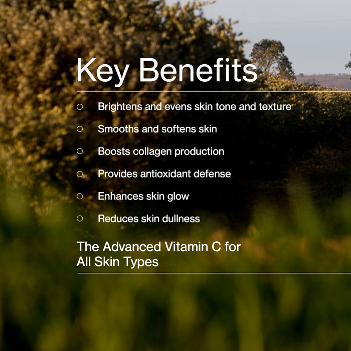 List of key benefits of an advanced vitamin C product with a blurred natural background