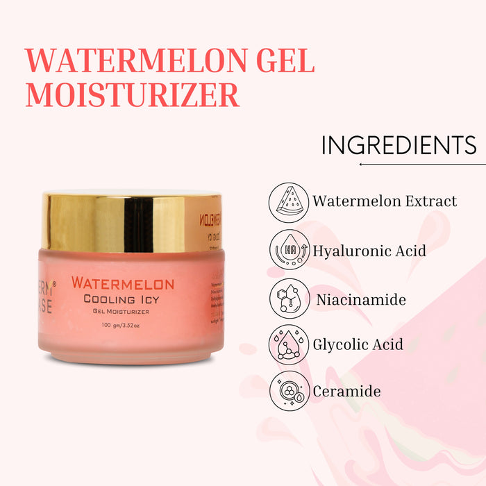 Watermelon gel moisturizer jar with ingredients listed on a white background