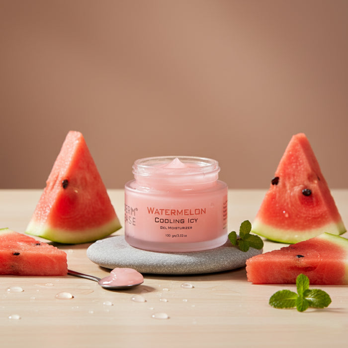 Jar of watermelon-flavored gel moisturizer with watermelon slices on a wooden surface.