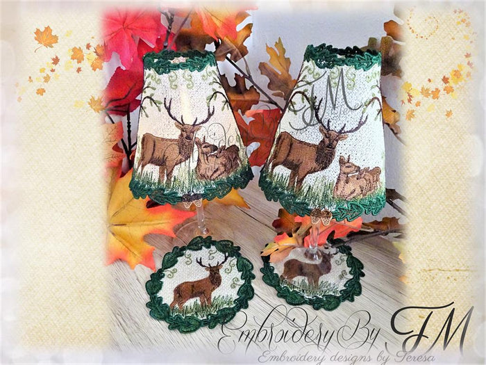 Wine glass shades + coaster / with the deers / 5x7 hoop
