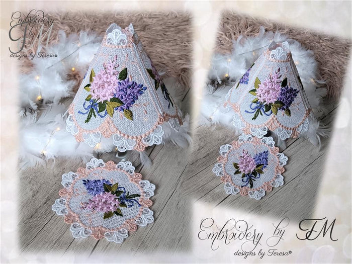 Wine glass shades with Lilac + coaster/ 5x7 hoop